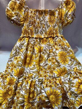 Smocked Yellow Floral Puff-Sleeve Dress for Girls
